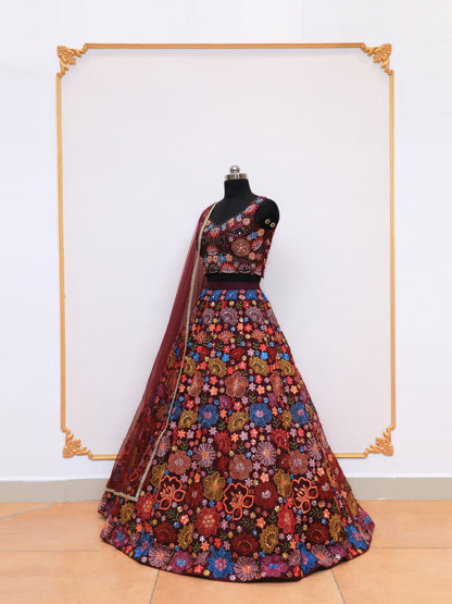 Multi Floral Crop Top Skirt On Organza Fabric, a perfect lehenga for bridesmaid
