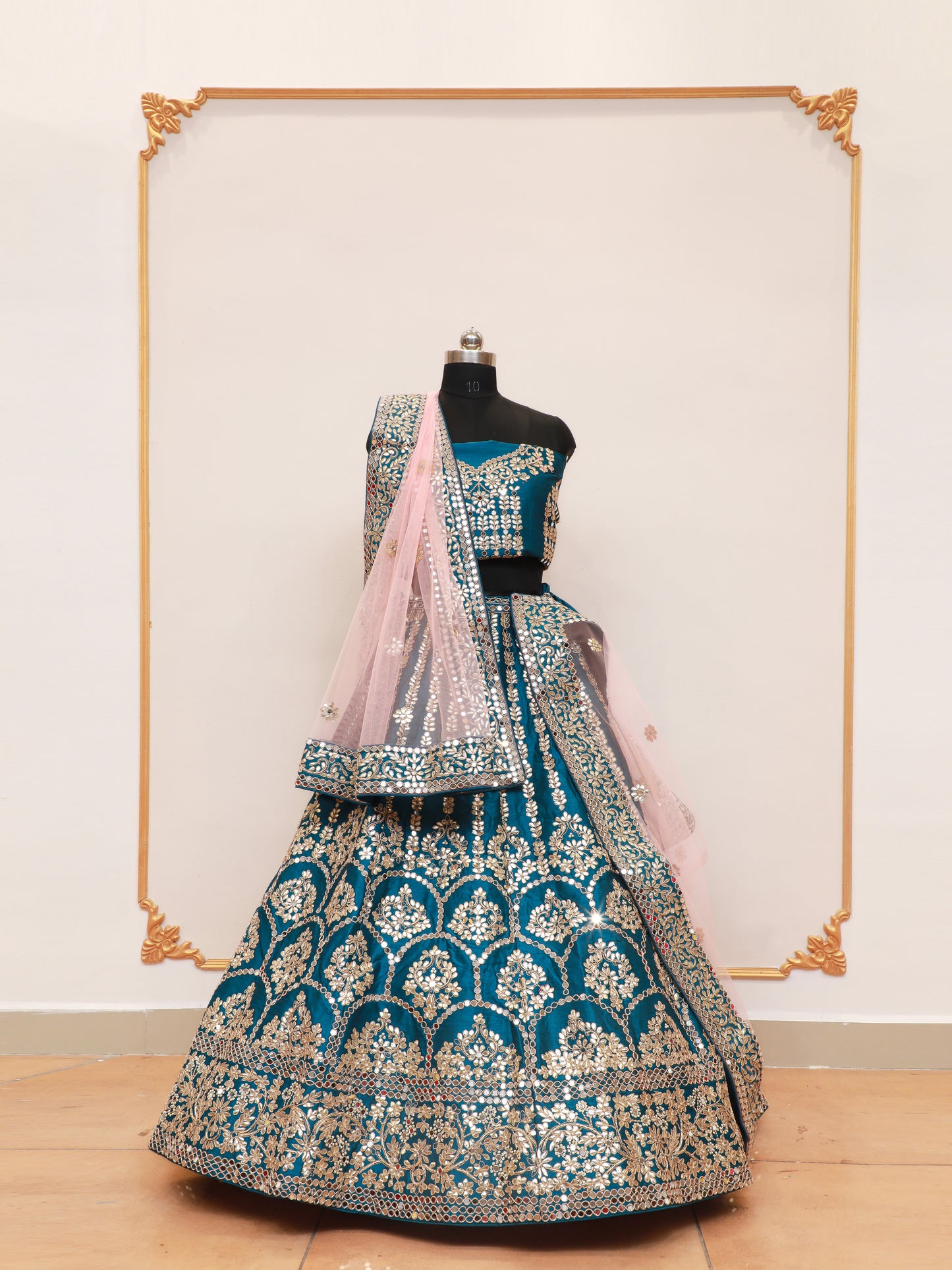Turqouise Blue Handwork Gotta Patti Designed Along with Mirror work and Contrast Duptta and Bridal Lehegna