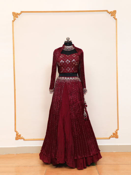 Classy Indo Western Lehenga with Designer Sleeves Pattern in Maroon color