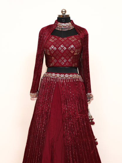 Classy Indo Western Lehenga with Designer Sleeves Pattern in Maroon color