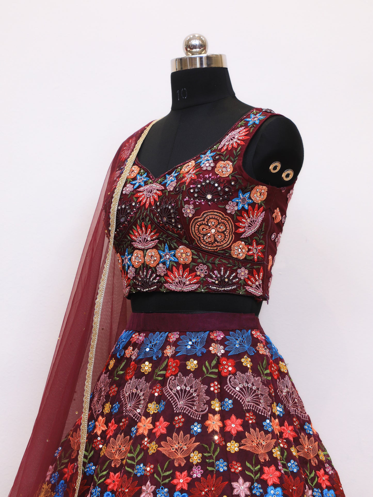 Multi Floral Crop Top Skirt On Organza Fabric, a perfect lehenga for bridesmaid