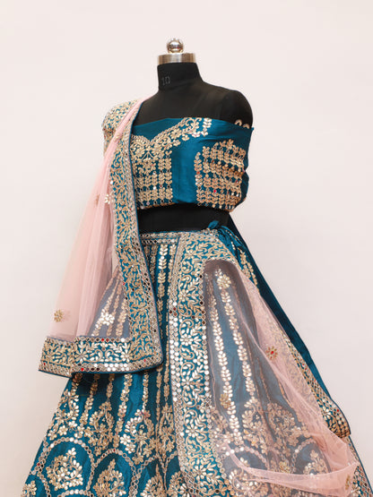 Turqouise Blue Handwork Gotta Patti Designed Along with Mirror work and Contrast Duptta and Bridal Lehegna