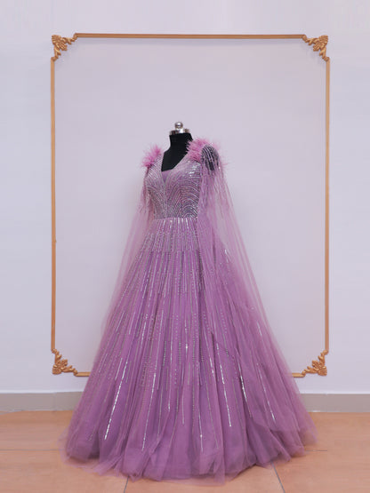 Lilac Handwork Designer Bridal Gown with Feather On Shoulders.