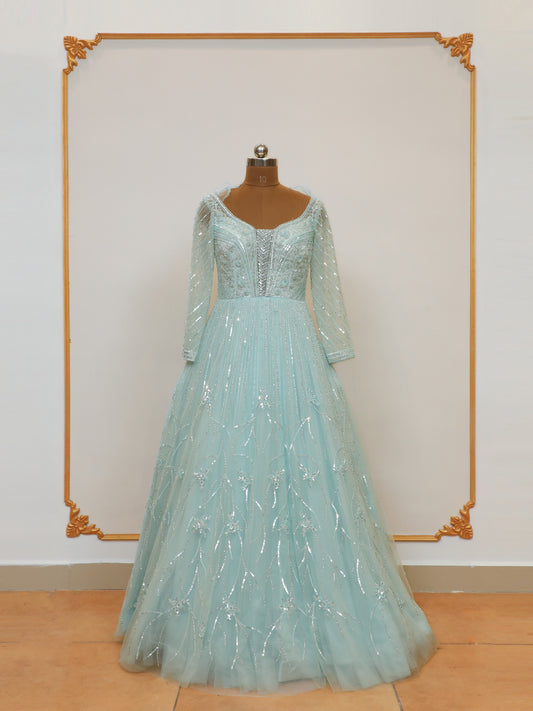 Sky handwork bridal gown design with designer nieckline and full sleeves