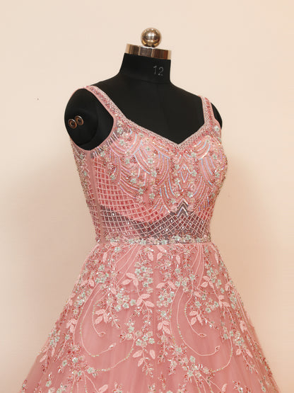 Baby Pink Bridal gown with Handwork Design using Sequin, cutdana, and zarkan embellishments.