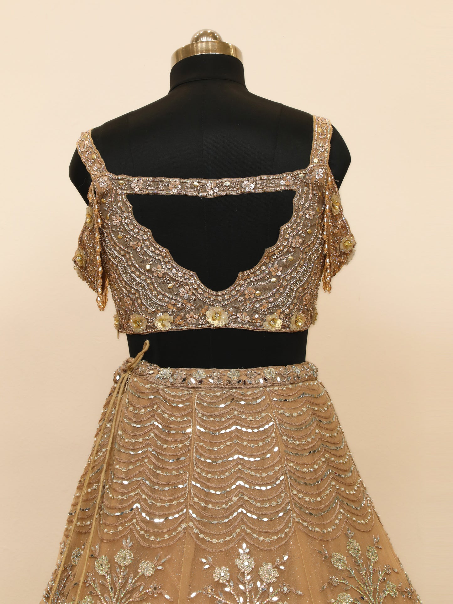 Beige Crop-Top Lehenga with Embroidery Work and Work Embelishments