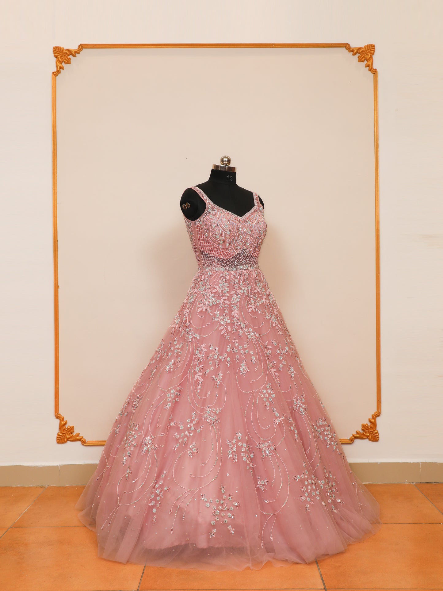 Baby Pink Bridal gown with Handwork Design using Sequin, cutdana, and zarkan embellishments.