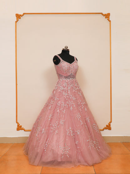 Baby Pink Bridal gown with Handwork Design using Sequin, cutdana, and zarkan embellishments.