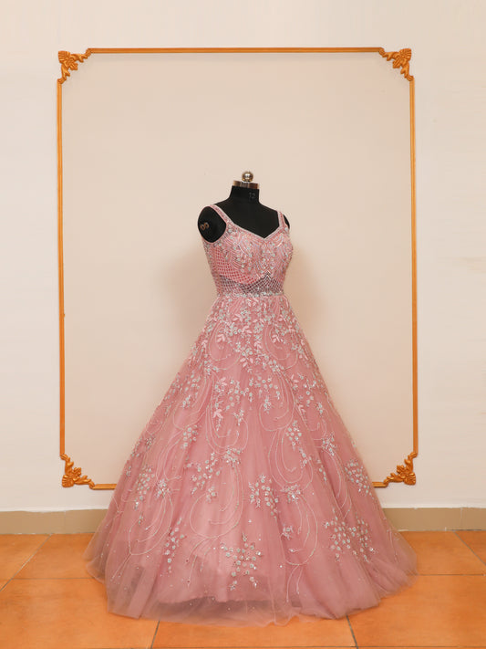 Baby Pink Bridal gown with Handwork Design using Sequin, cutdana, and zarkan embellishments.