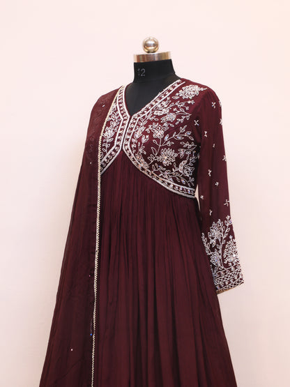 Designer wear Anarkali in wine color with Cutdana, rainbow sequin work and zarkan highlights