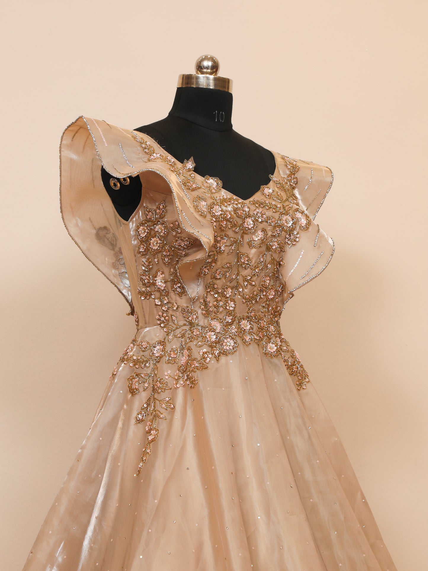 Tissue Glass Fabrication Beige Colour Gown with zardoshi, sequin and zarkan work