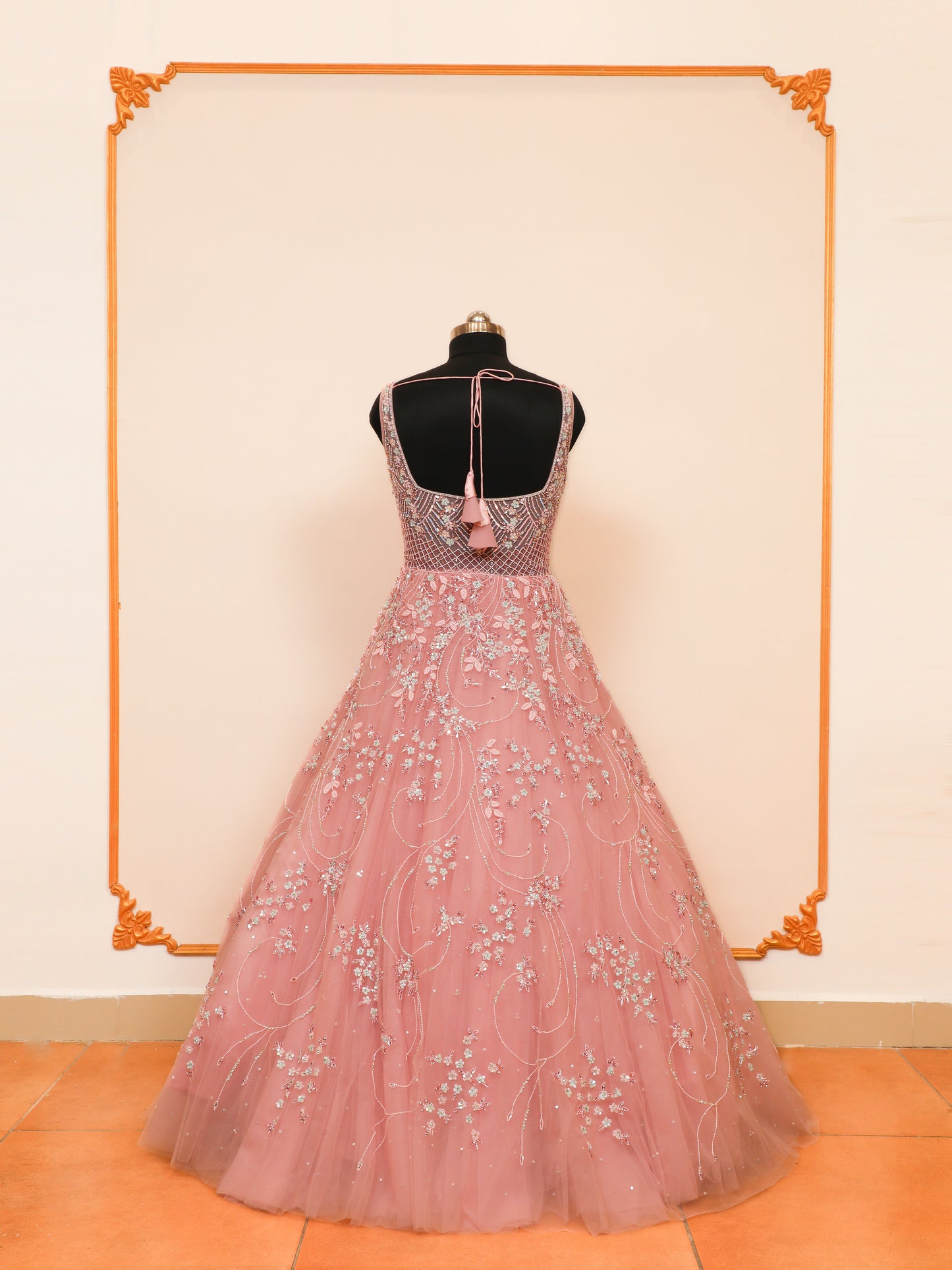 Baby Pink Bridal gown with Handwork Design using Sequin, cutdana, and zarkan embellishments.