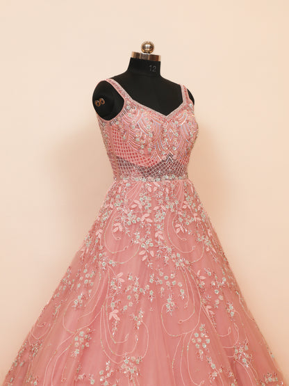 Baby Pink Bridal gown with Handwork Design using Sequin, cutdana, and zarkan embellishments.