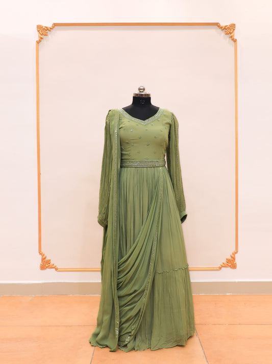 Pista Green Anarkali with Designer sleeves pattern