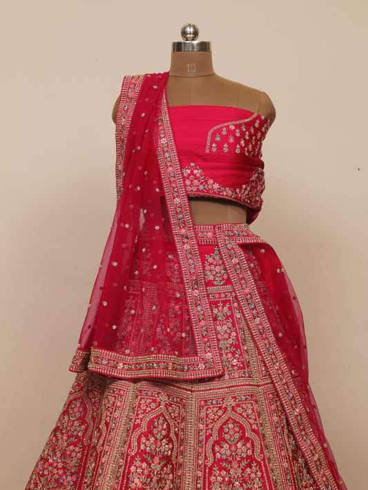 Rani colour Silk Bridal Lehenga with Zari and Thread Embroidery Work