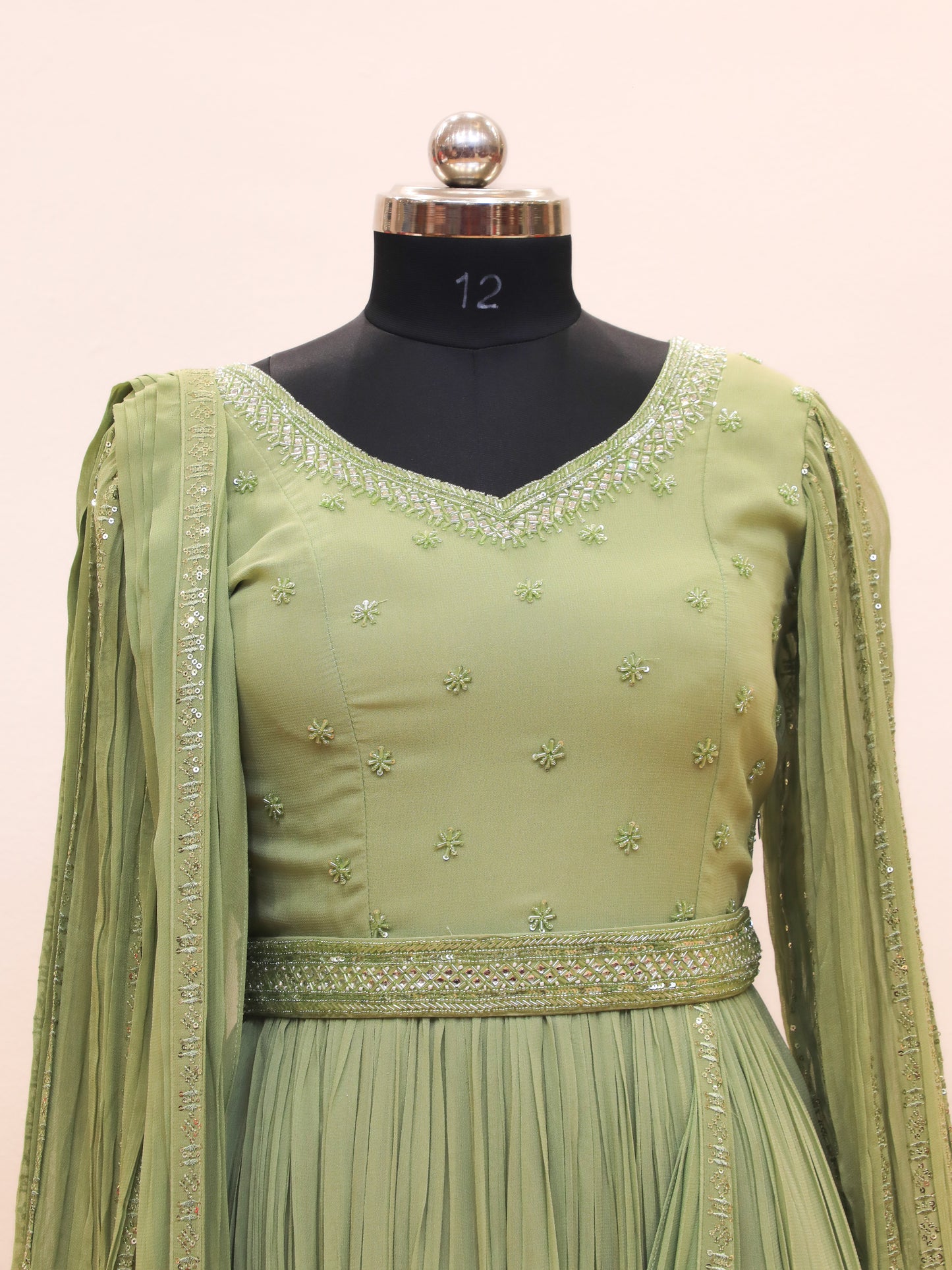 Pista Green Anarkali with Designer sleeves pattern