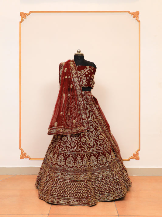 Zardoshi Bridal Lehenga in Velvet fabric and Maroon Colour